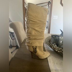Christian Dior Suede Mid-Calf Slouch Boots with Chain Detail in Beige.